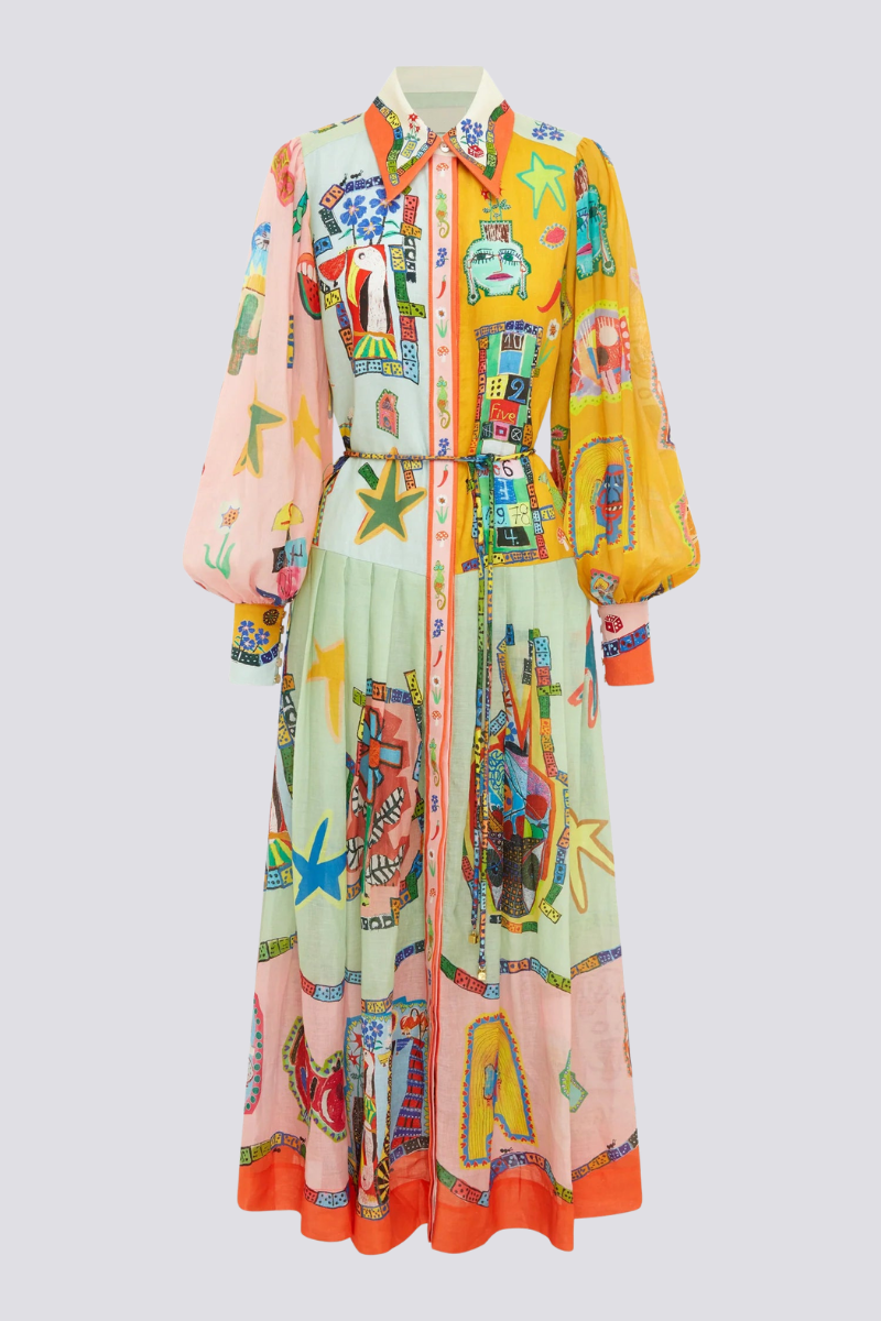 Danielle Balloon Sleeve Patchwork Maxi-Length Dress