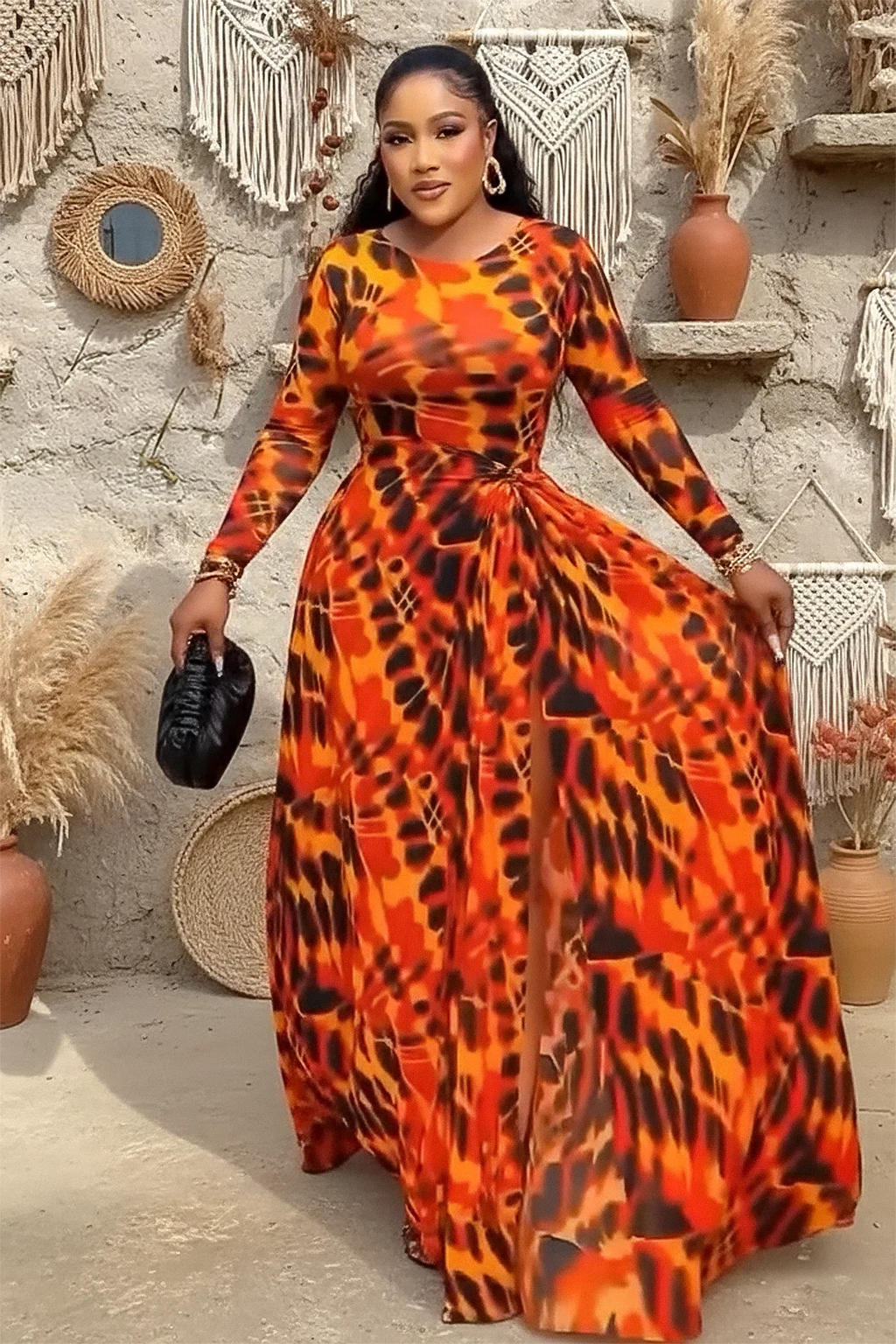 Burnt Orange Tie-Dye Maxi-Length Dress