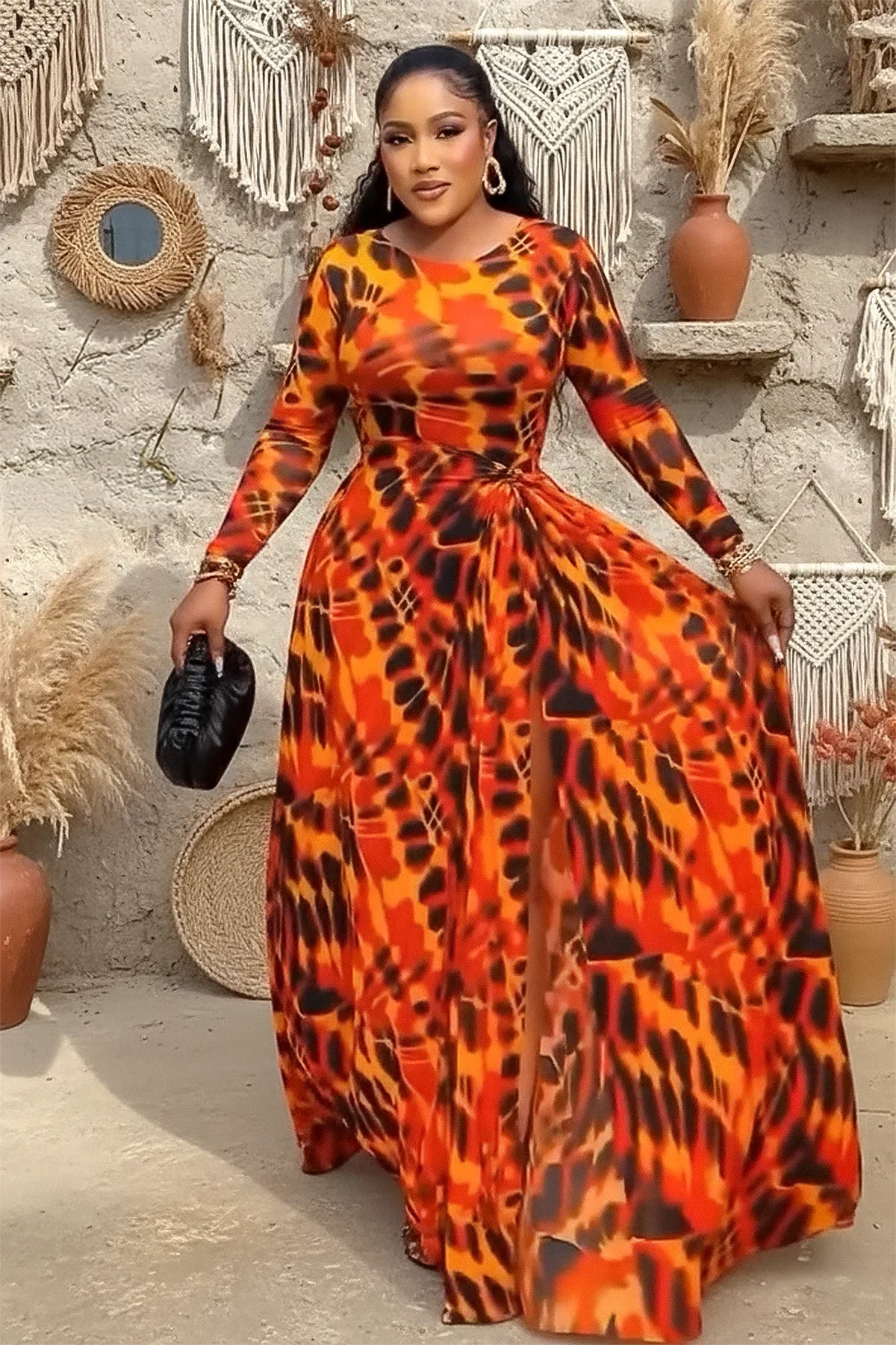 Burnt Orange Tie-Dye Maxi-Length Dress