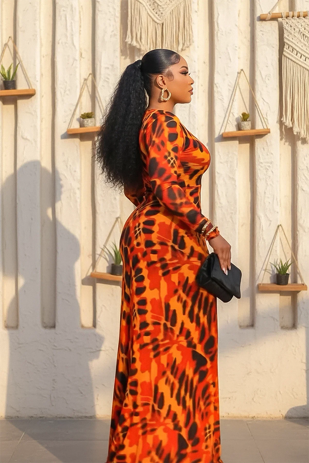 Burnt Orange Tie-Dye Maxi-Length Dress