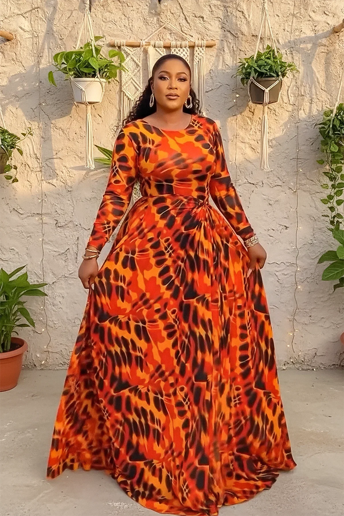Burnt Orange Tie-Dye Maxi-Length Dress
