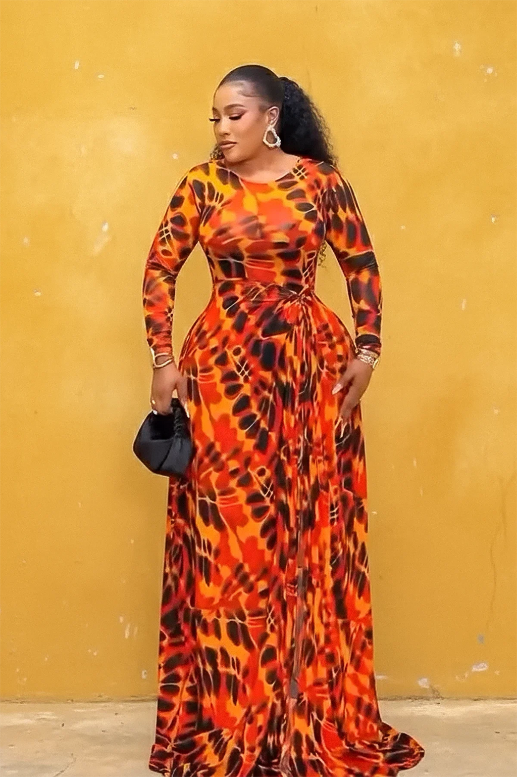 Burnt Orange Tie-Dye Maxi-Length Dress