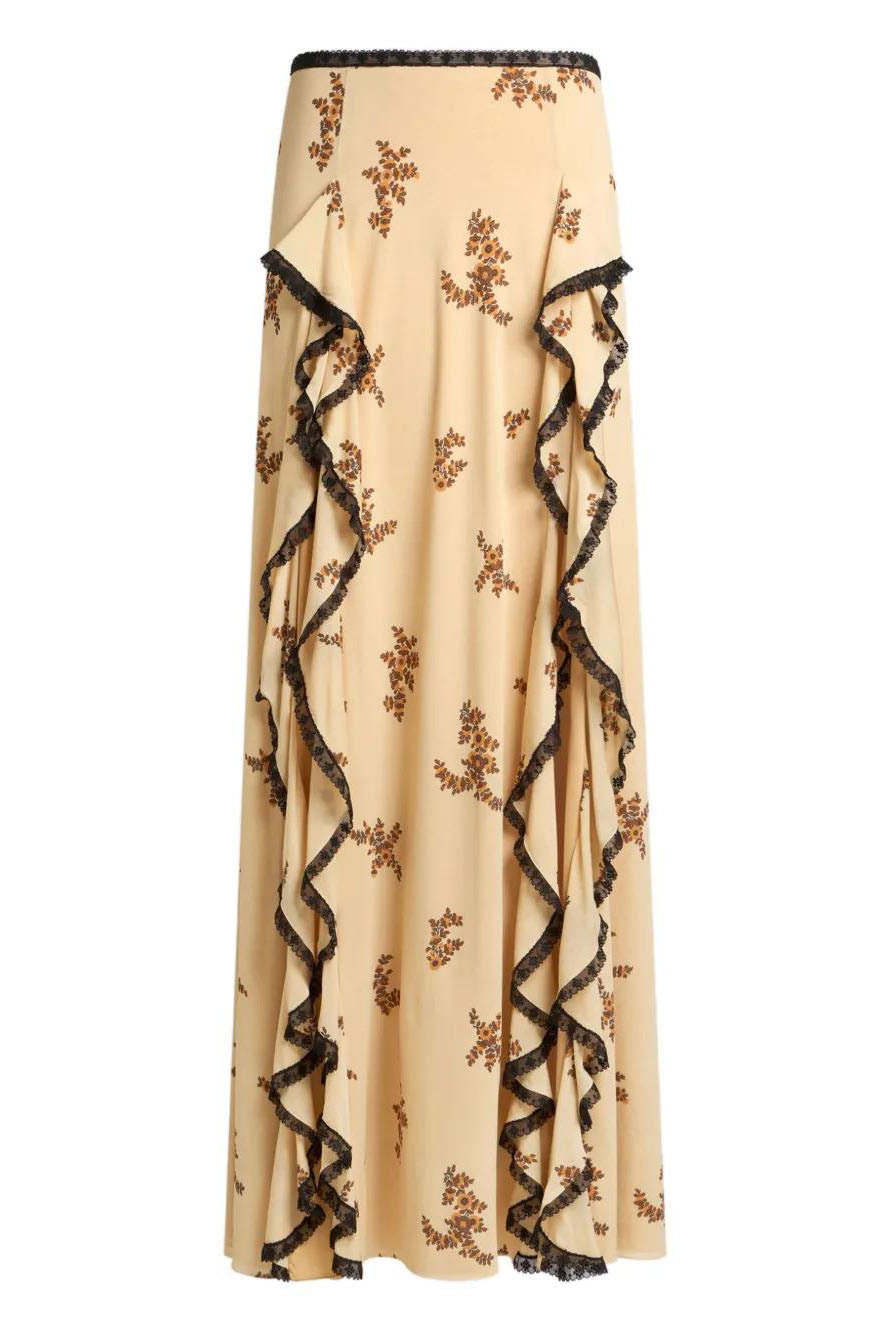 Flower Patterned Ruffled Lace Trim Maxi Skirt
