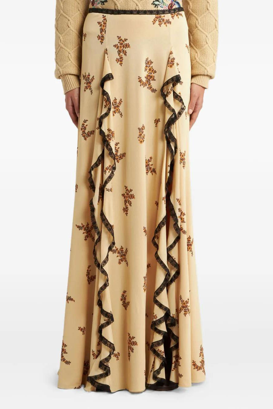 Flower Patterned Ruffled Lace Trim Maxi Skirt