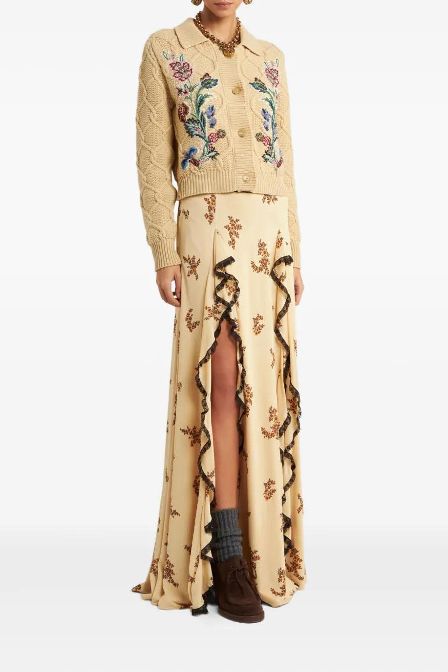 Flower Patterned Ruffled Lace Trim Maxi Skirt