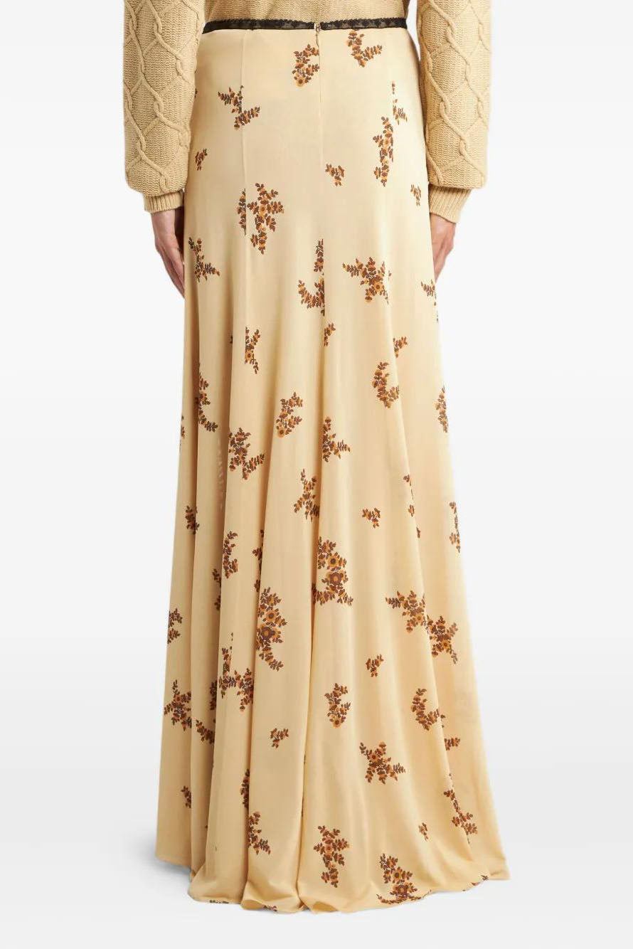 Flower Patterned Ruffled Lace Trim Maxi Skirt