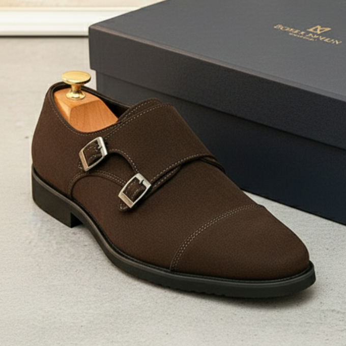Suede Monk Strap Shoes with Double Buckle Strap