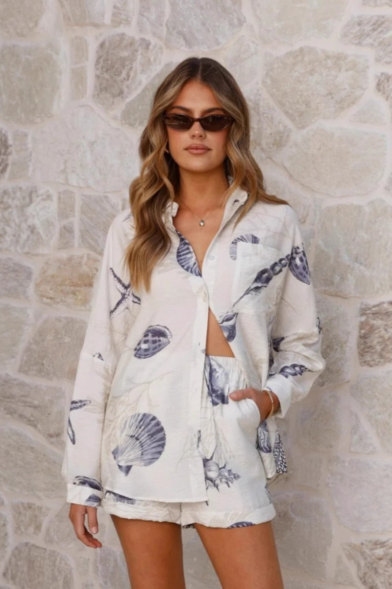 Coordinated Long-Sleeve Marine Shorts Set
