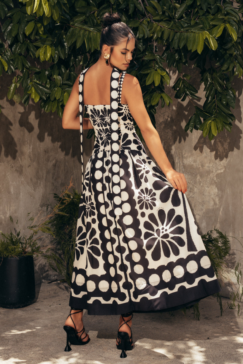 Elisabeth Flower Spaghetti Maxi-Length Dress In Black