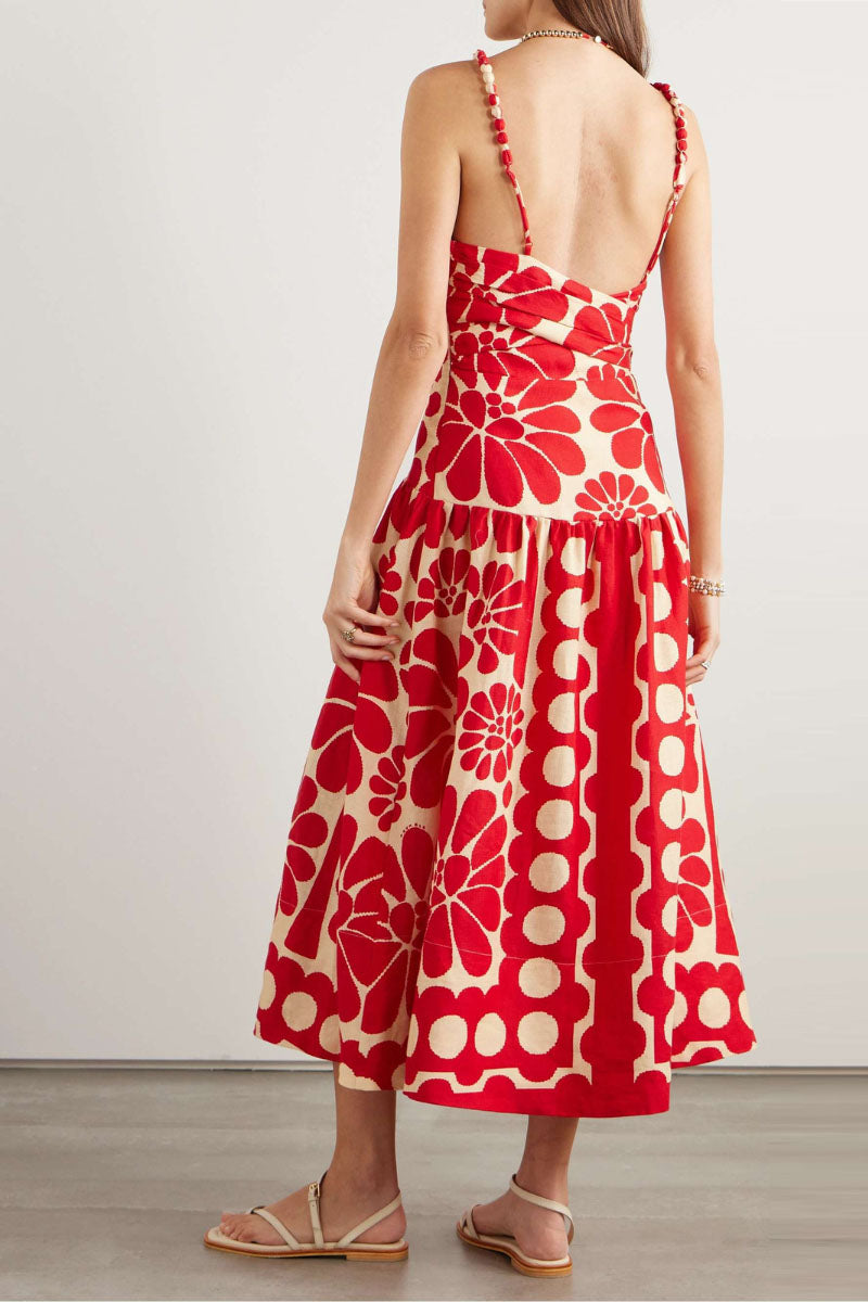 Elisabeth Flower Spaghetti Maxi-Length Dress In Red