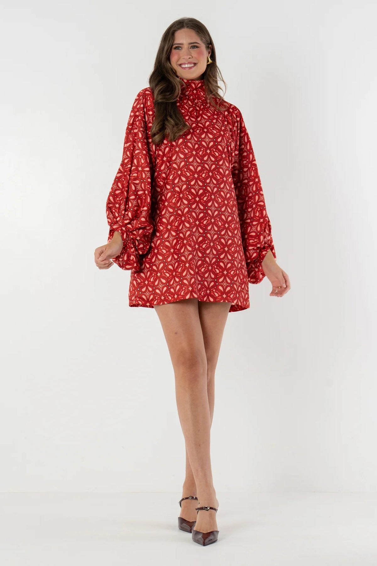 Boho High Neck Lantern Sleeve Mini-Length Dress