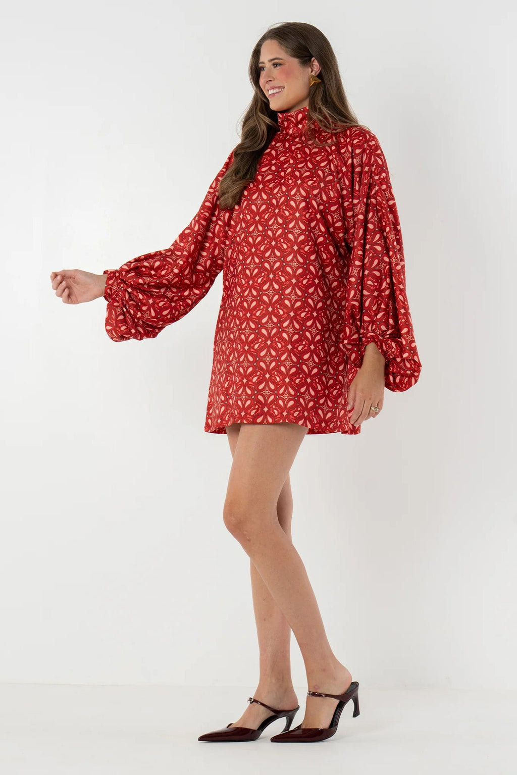 Boho High Neck Lantern Sleeve Mini-Length Dress