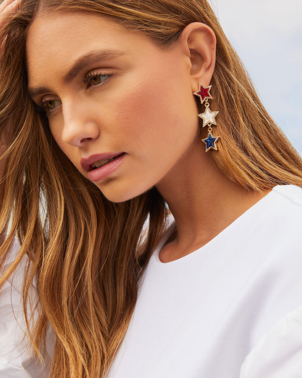 Statement Patriotic Triple Star Drop Earrings