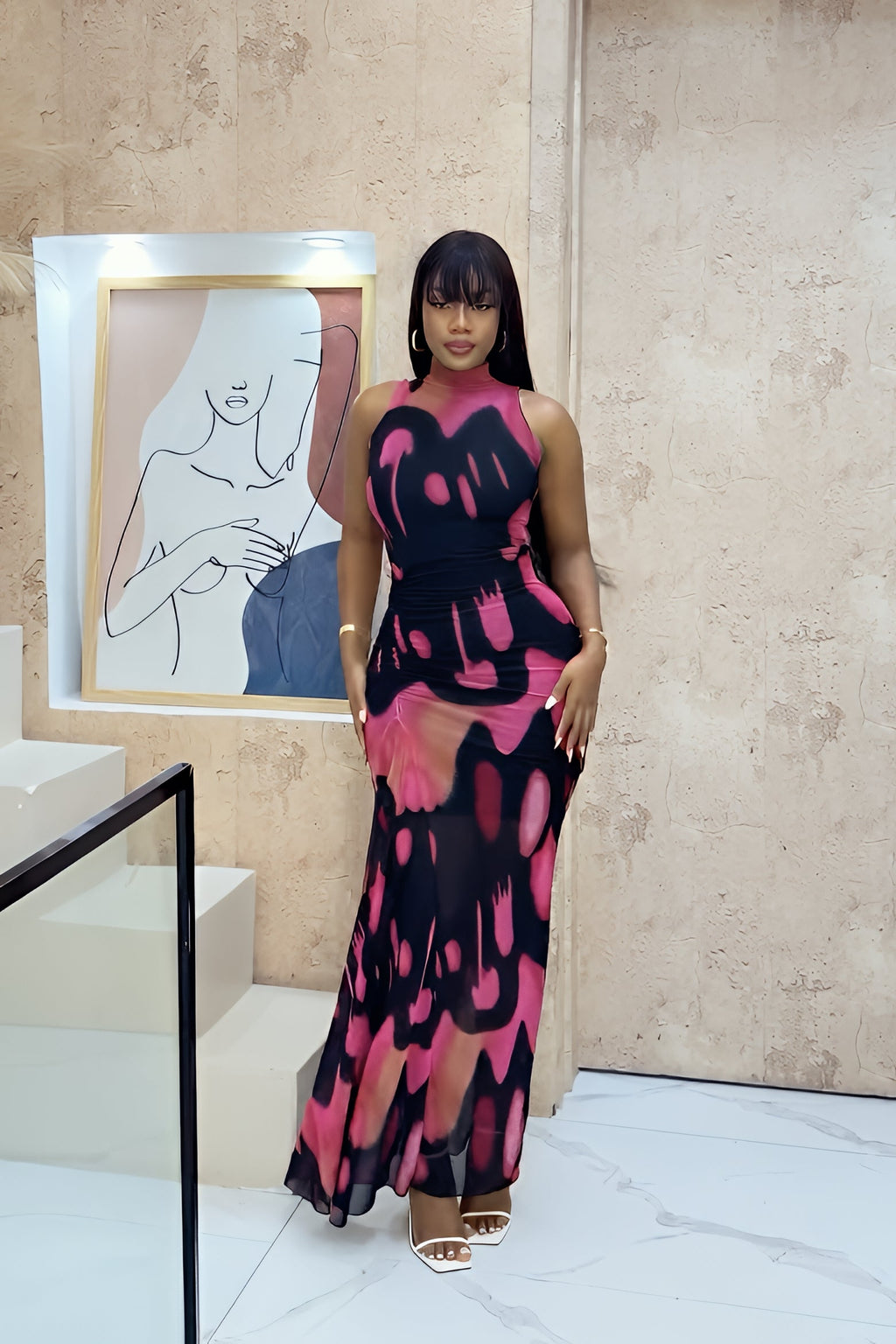 Abstract Ink Print Mesh Drama Maxi-Length Dress