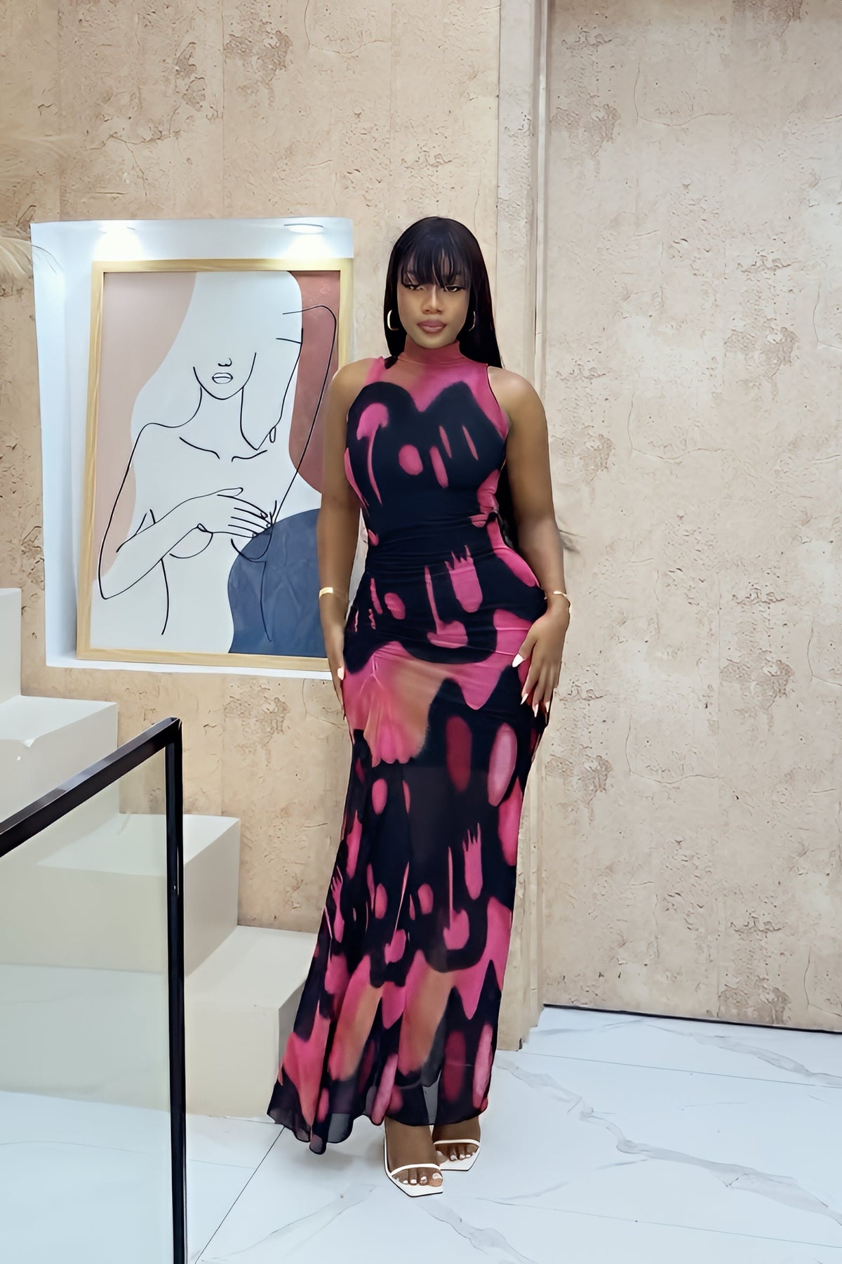 Abstract Ink Print Mesh Drama Maxi-Length Dress