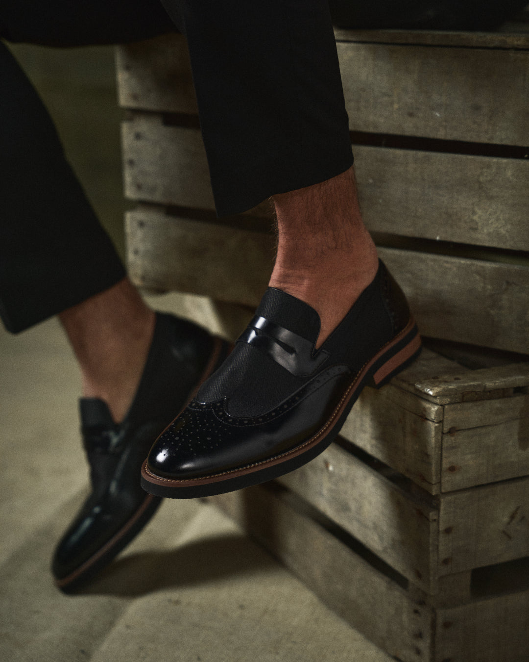 Polished Leather Loafers with Wingtip Brogue Detail