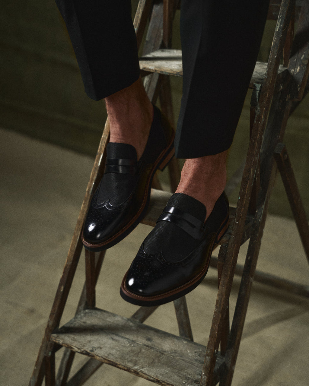 Polished Leather Loafers with Wingtip Brogue Detail