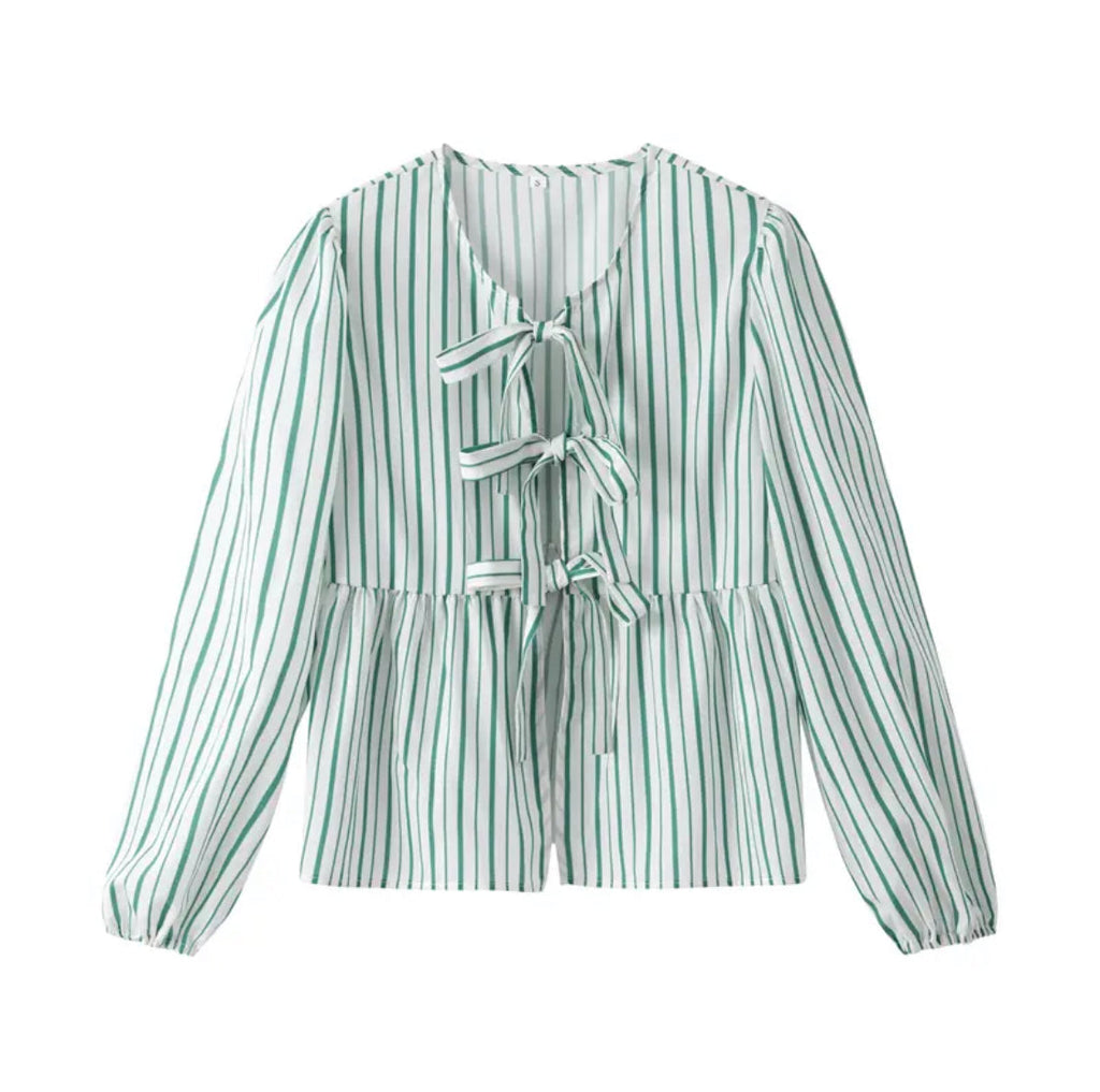 Modern Green Stripes Puff Sleeve Peplum Bow Ties Blouse Short Top