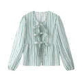 Modern Green Stripes Puff Sleeve Peplum Bow Ties Blouse Short Top