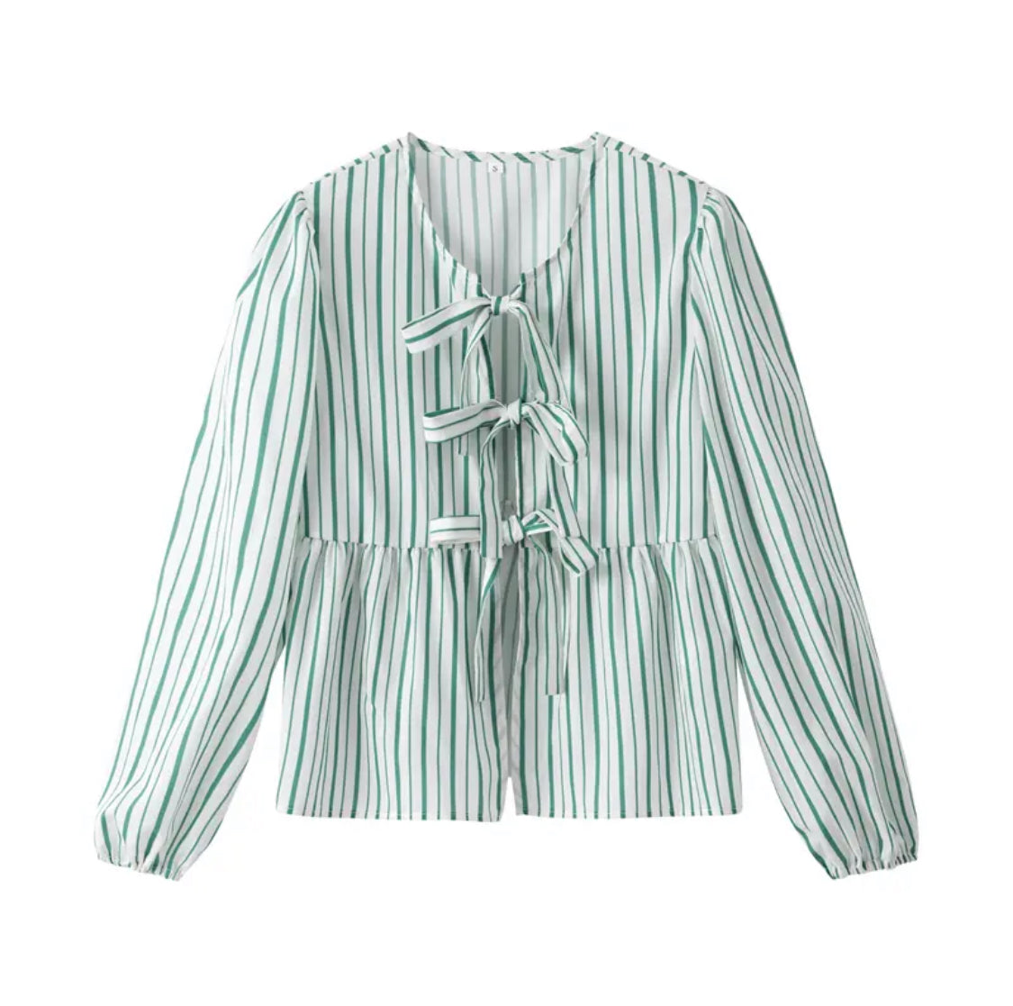 Modern Green Stripes Puff Sleeve Peplum Bow Ties Blouse Short Top