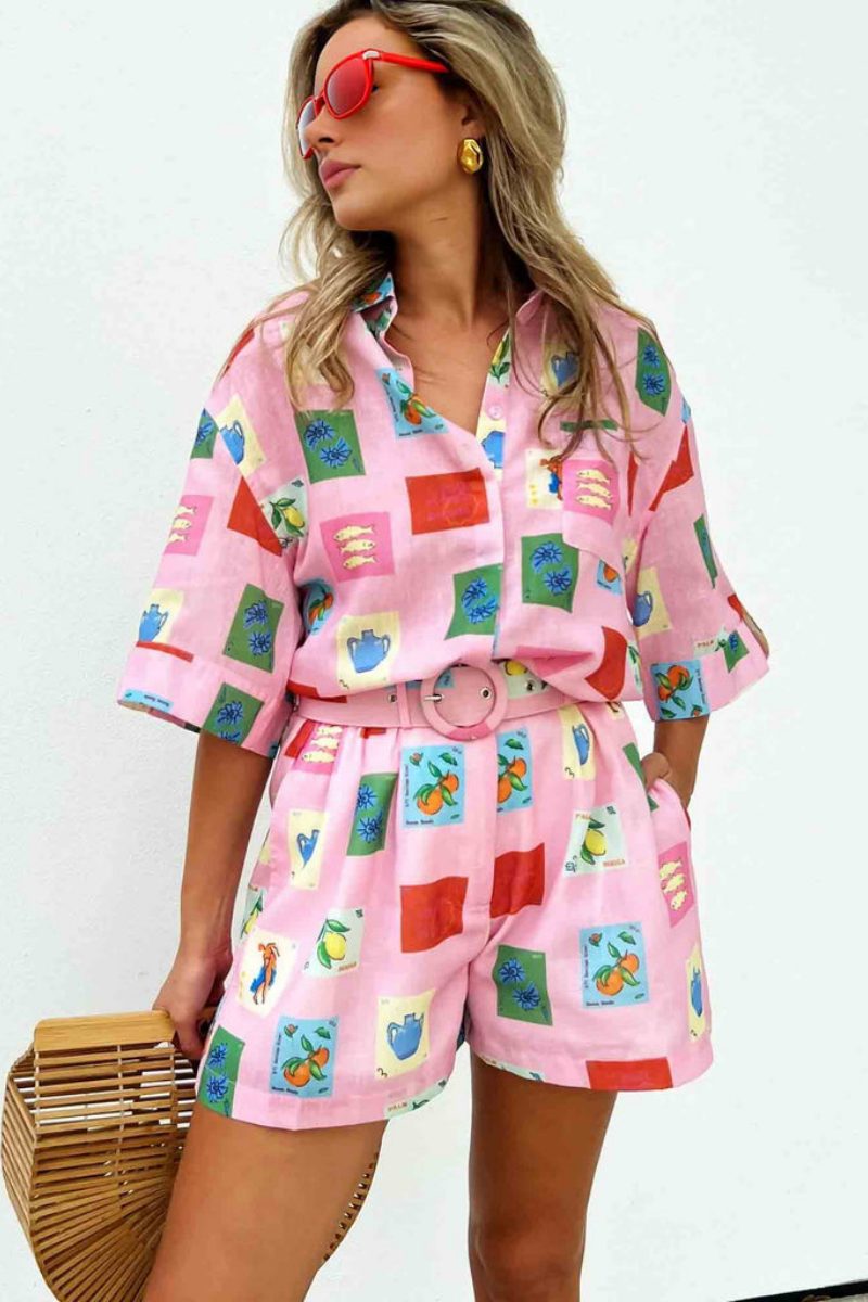Coordinated Short Set - Pink Stamp Print