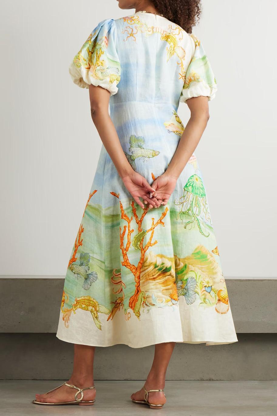 Gathered Patterned Linen-Gauze Midi-Length Dress