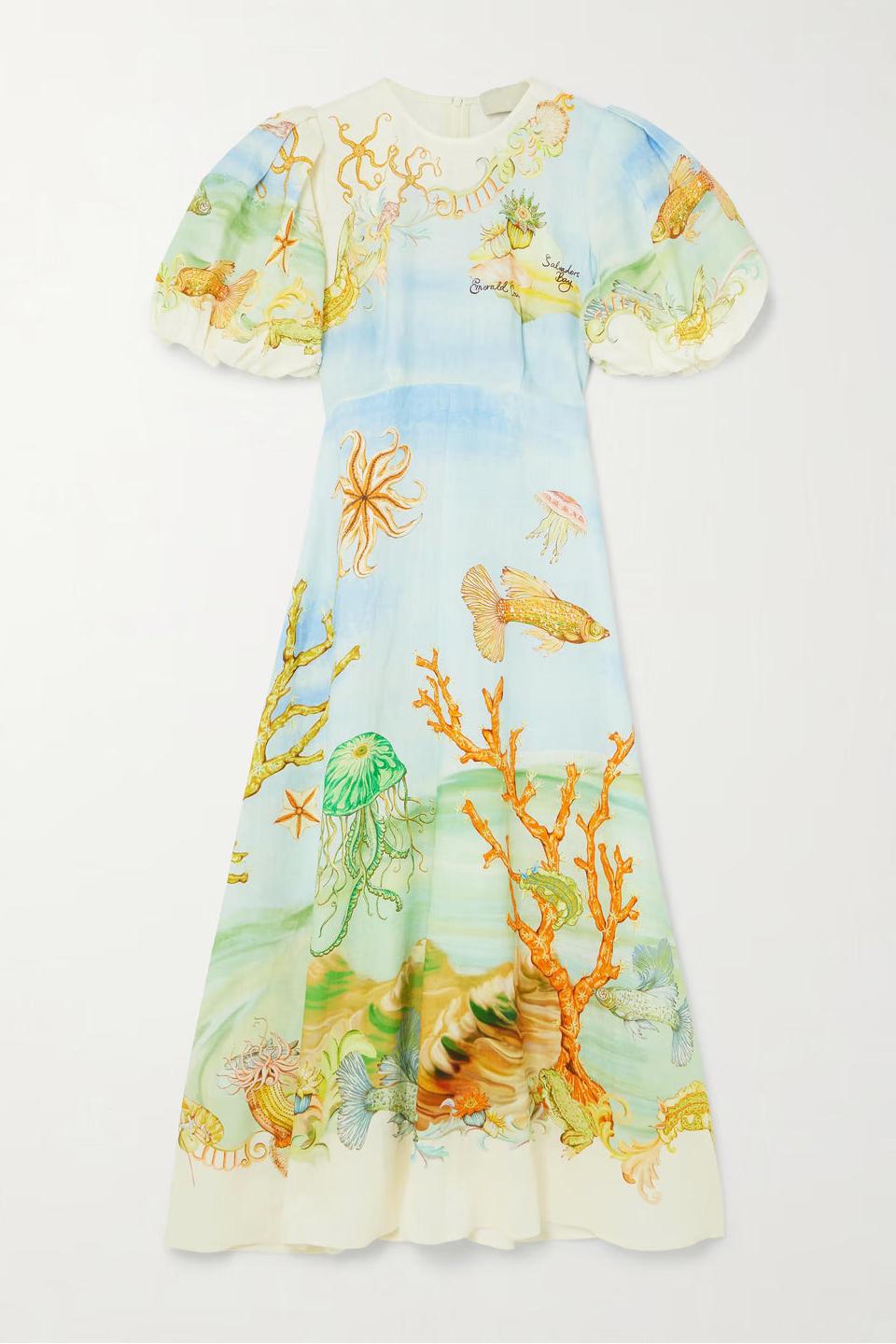 Gathered Patterned Linen-Gauze Midi-Length Dress