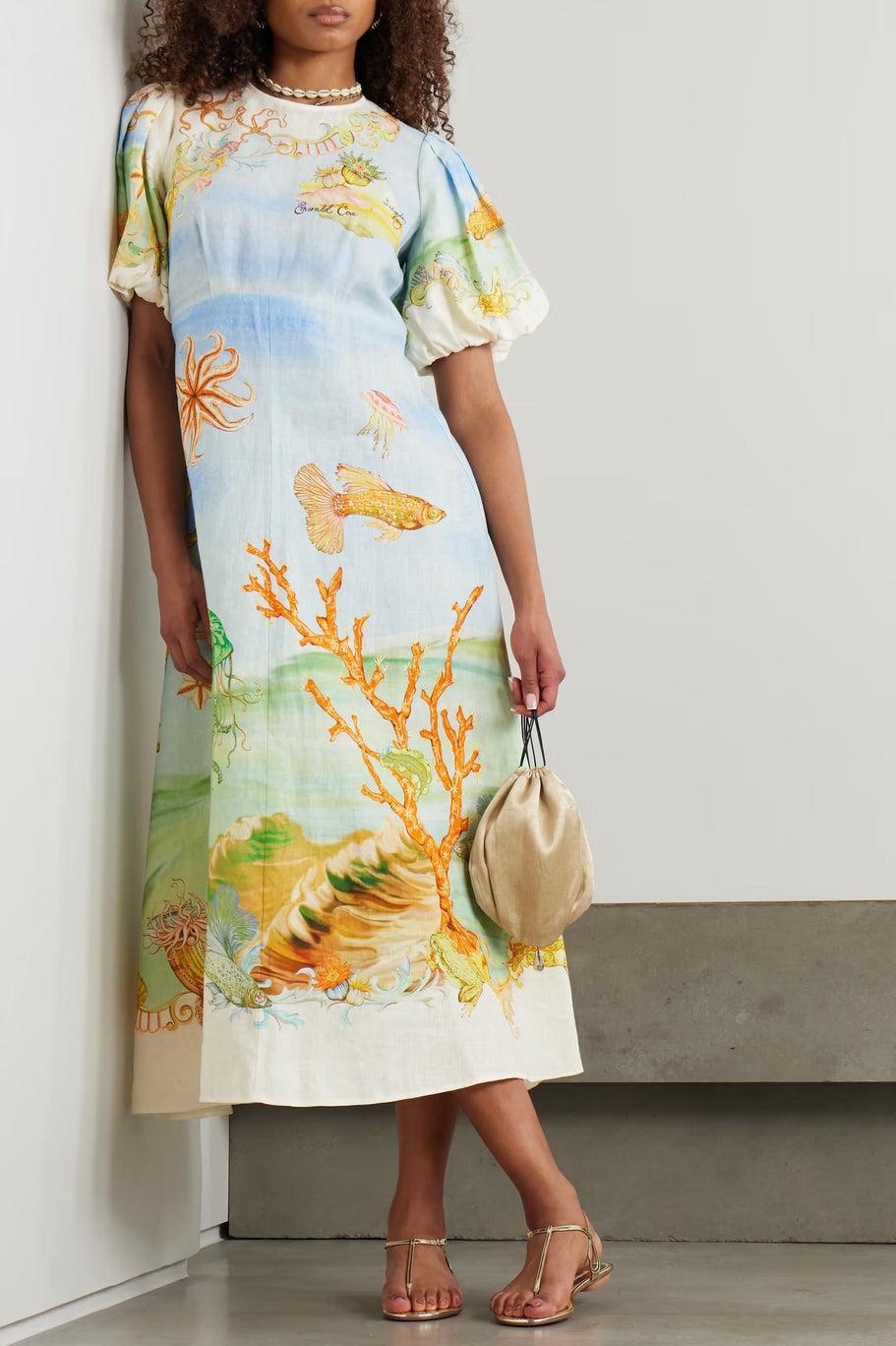 Gathered Patterned Linen-Gauze Midi-Length Dress