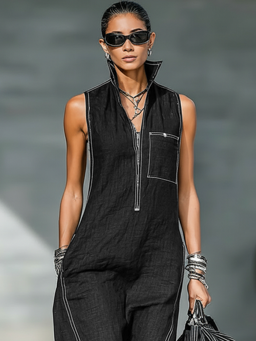 Clean-Lined Sleeveless White-Trim Jumpsuit