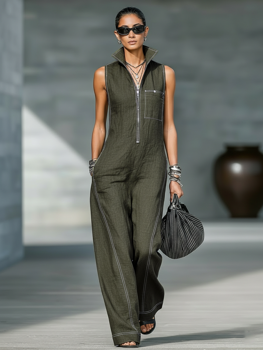 Clean-Lined Sleeveless White-Trim Jumpsuit