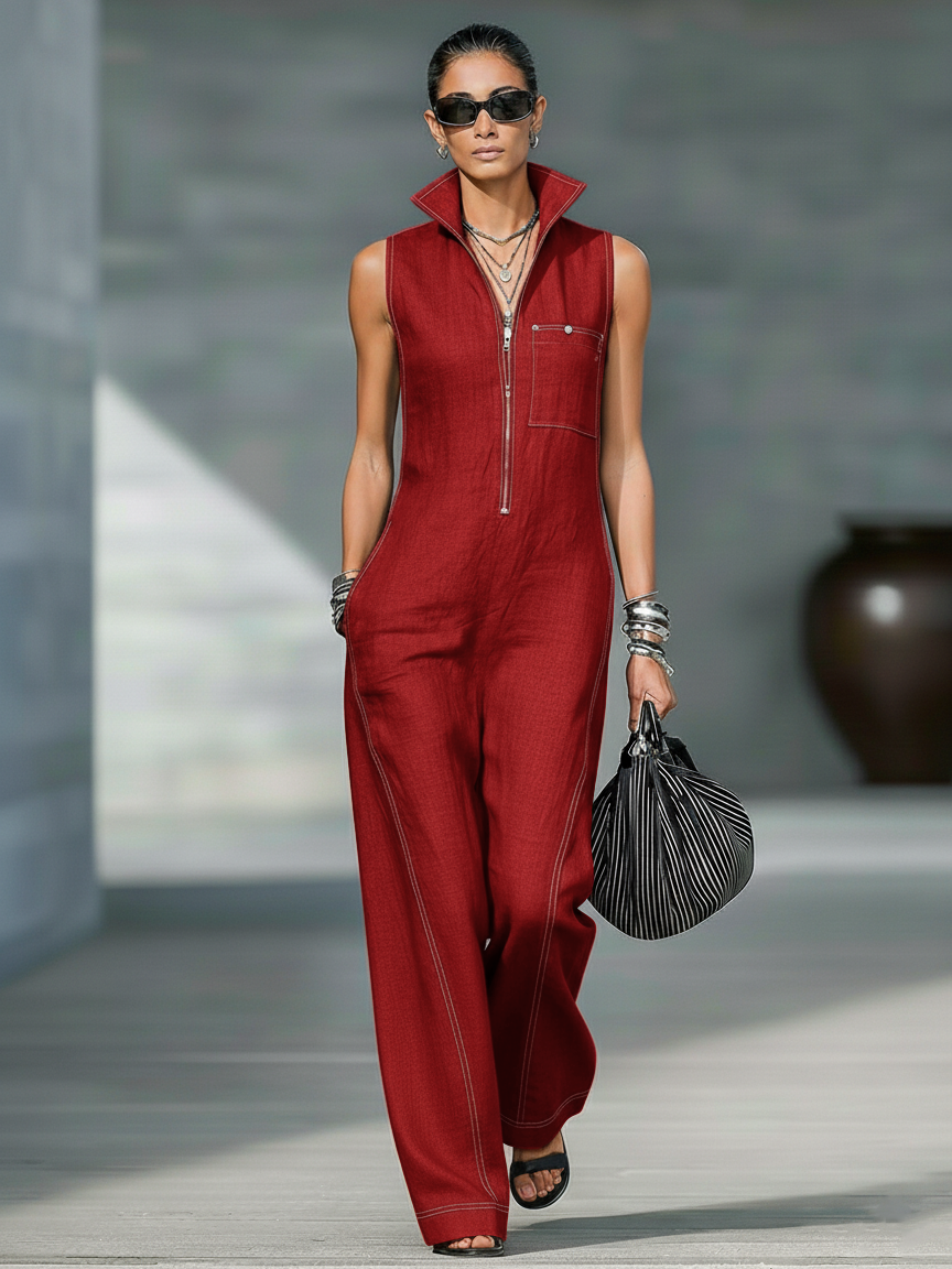 Clean-Lined Sleeveless White-Trim Jumpsuit