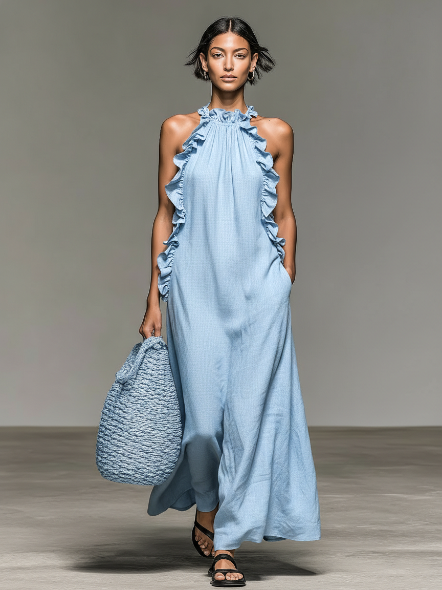Linen Sleeveless Ruffled Maxi-Length Dress