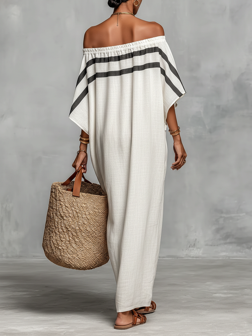 Clean-Lined Linen-Blend Off-Shoulder Batwing Maxi-Length Dress