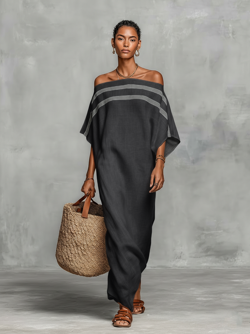 Clean-Lined Linen-Blend Off-Shoulder Batwing Maxi-Length Dress