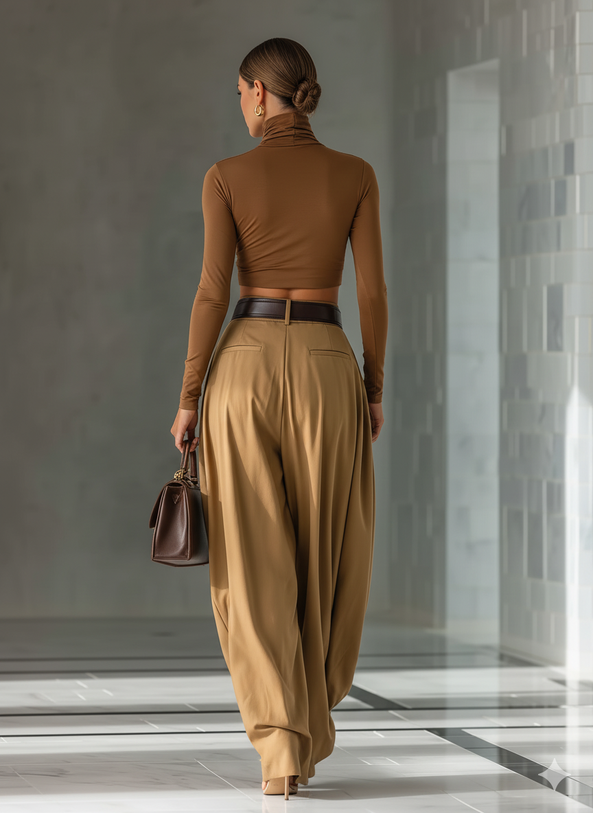 Women's Blended Brown Top And Wide-Leg Trousers Set