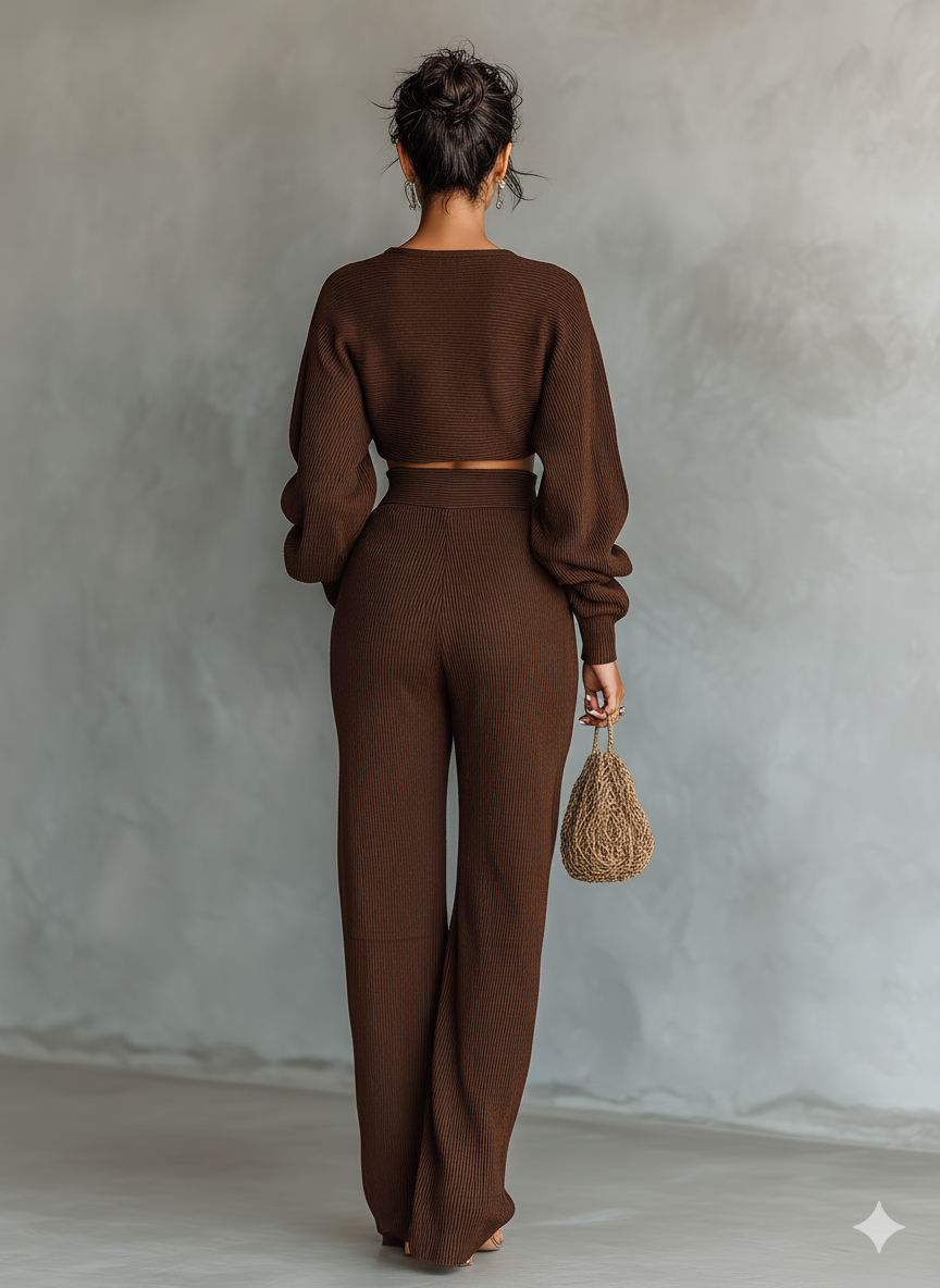 Women's Coffee-colored Short Top And Wide-Leg Trousers Knitted Set