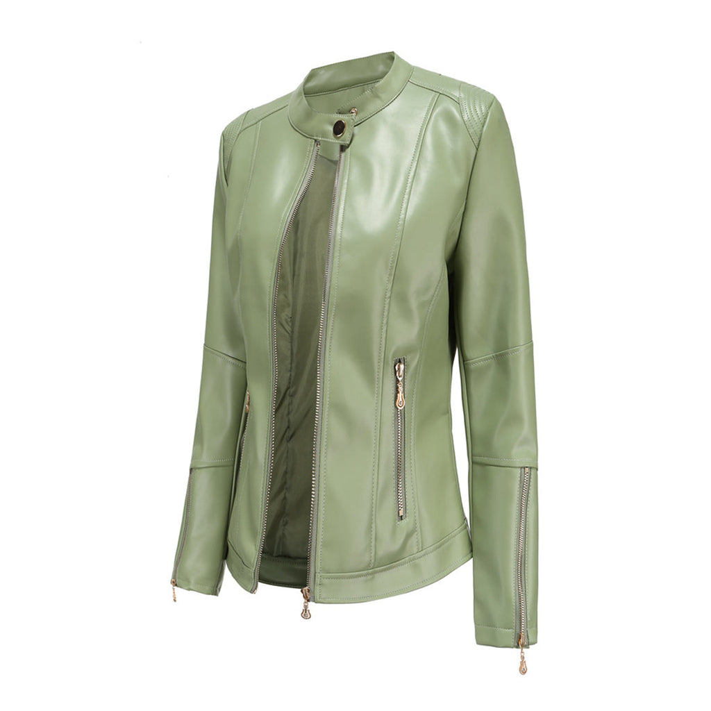 Elegant Leather Jacket with Crew Neck and Button Closure