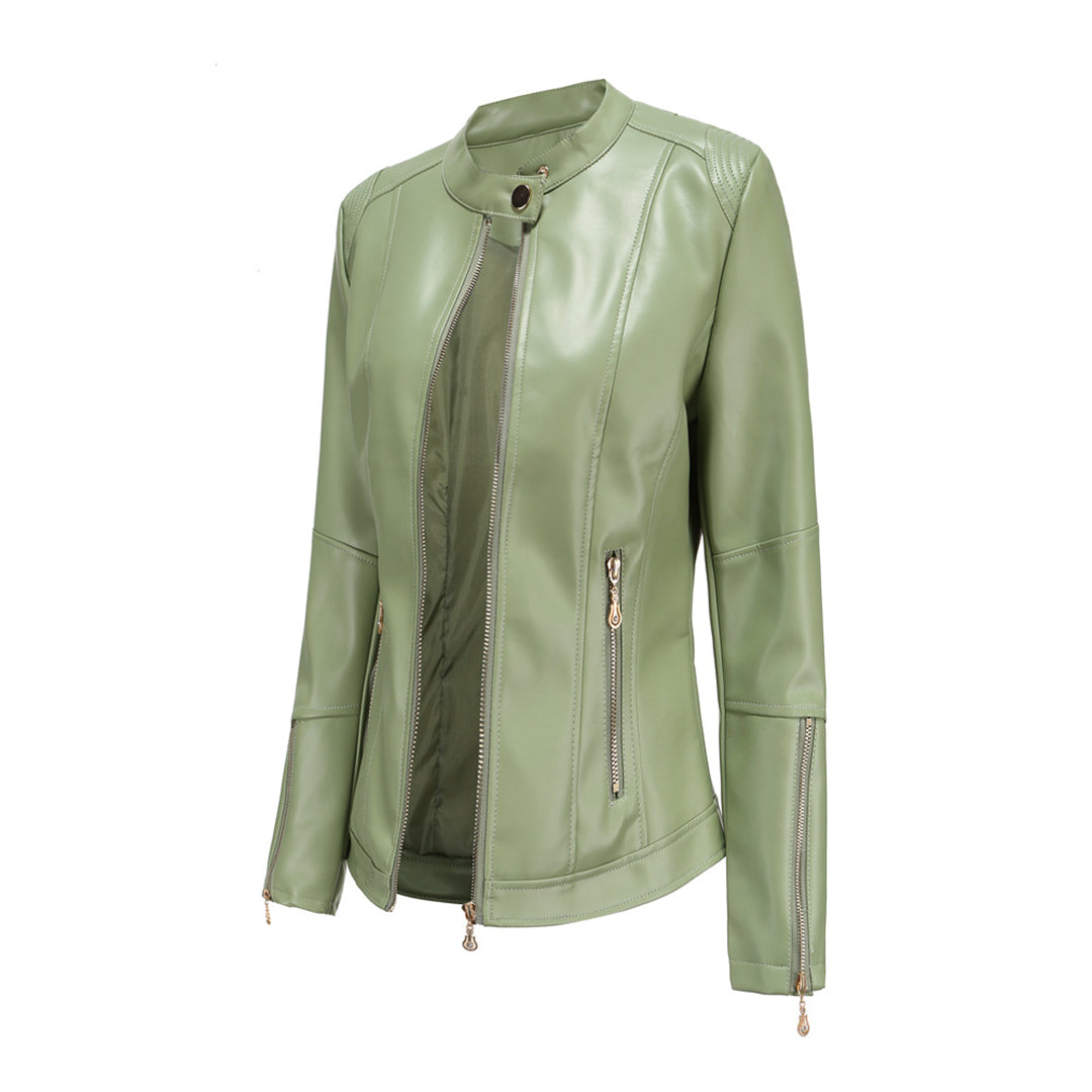Elegant Leather Jacket with Crew Neck and Button Closure