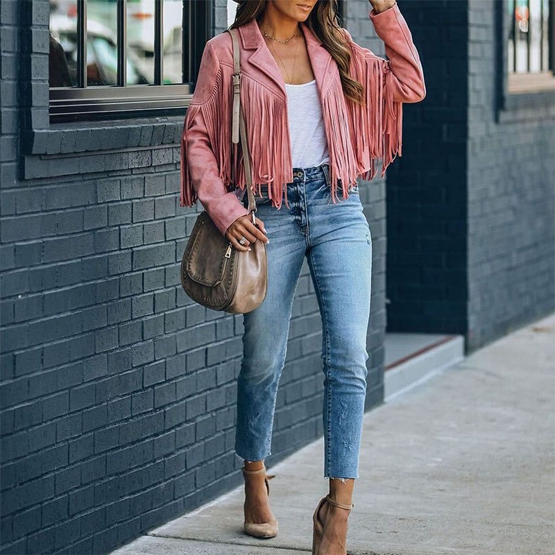 Leather Biker Jacket with Western Fringe