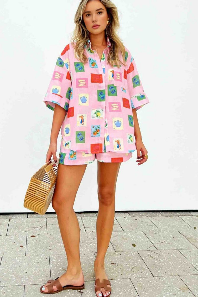 Coordinated Short Set - Pink Stamp Print