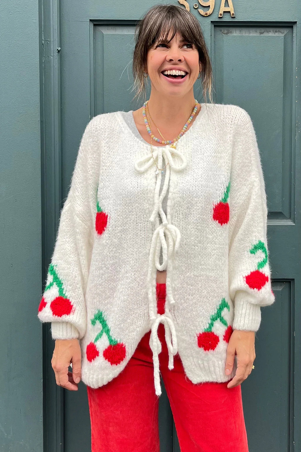 Cherry Tie Mohair Blend Knit Cardigan - Cream