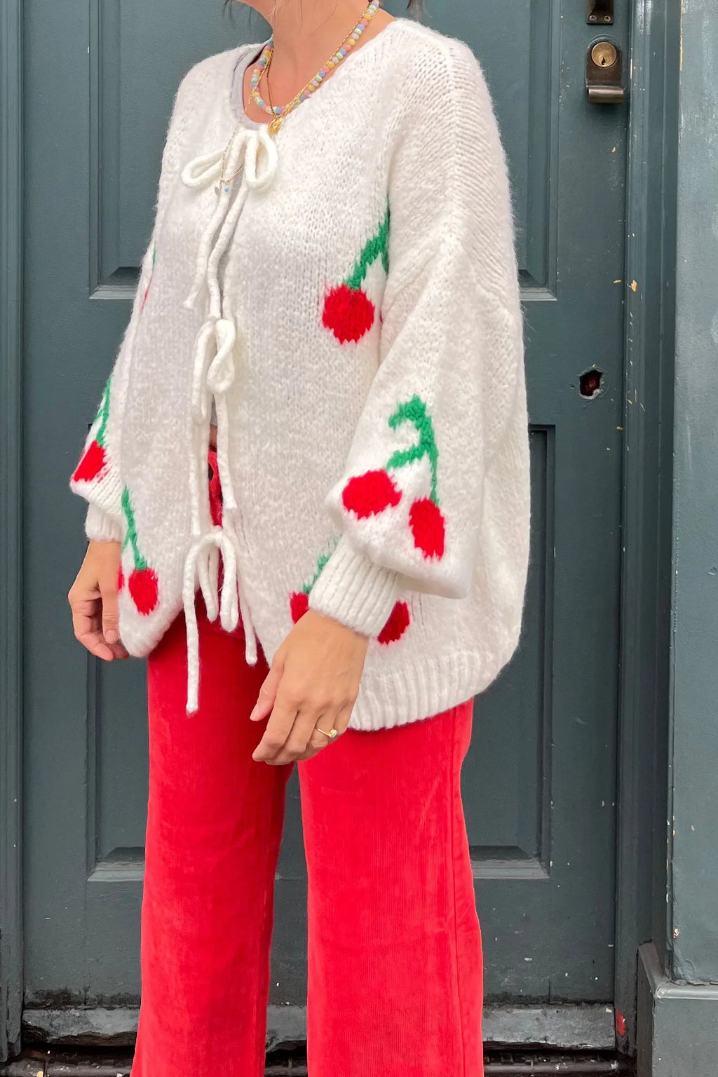Cherry Tie Mohair Blend Knit Cardigan - Cream