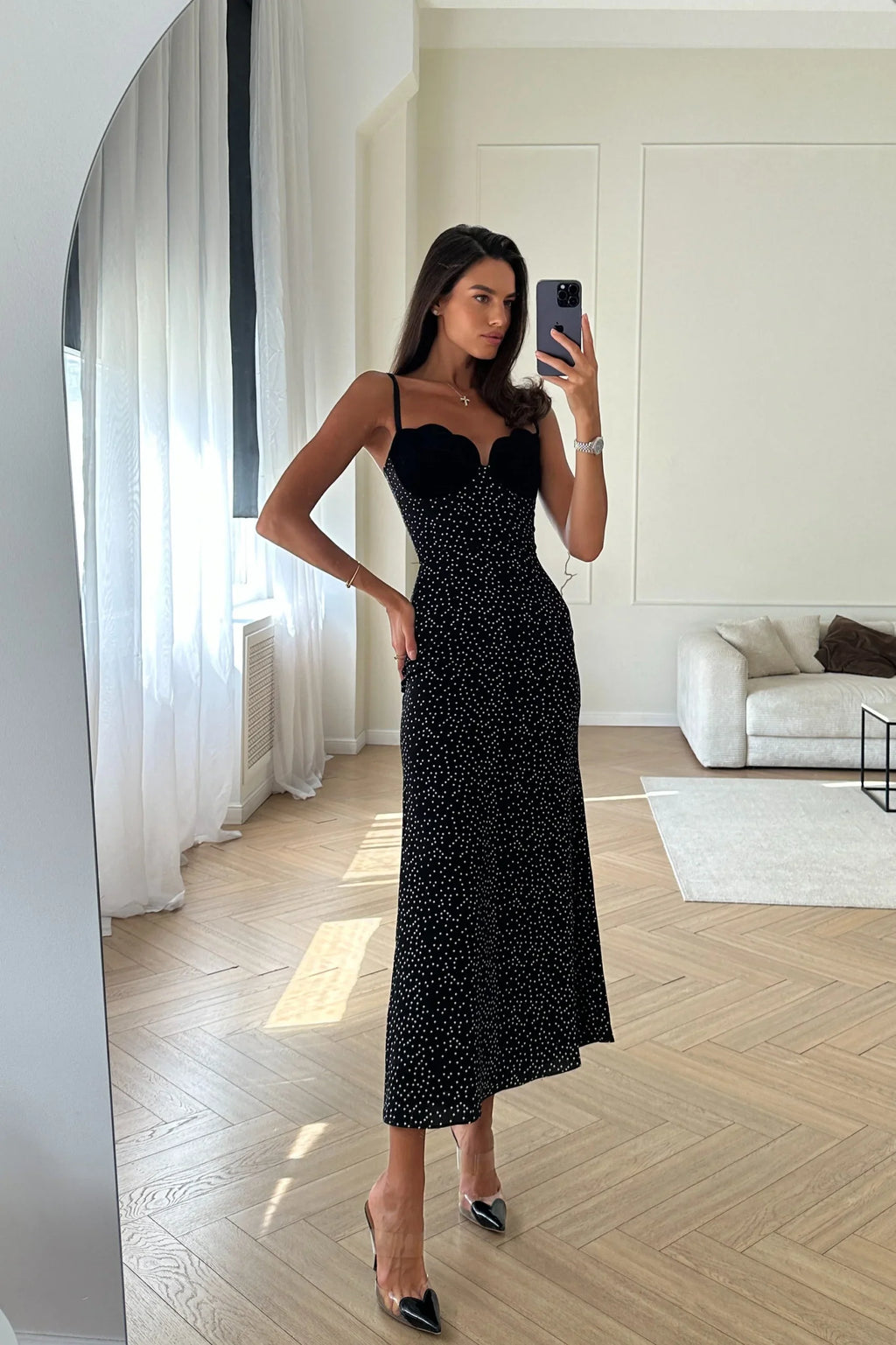 Velvet Insert Midi-Length Dress