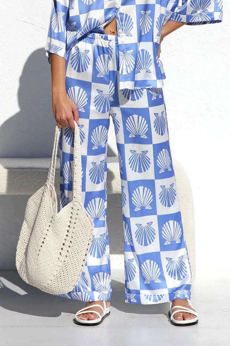 Special Satin Shell Print Wide-Leg Trousers-Set