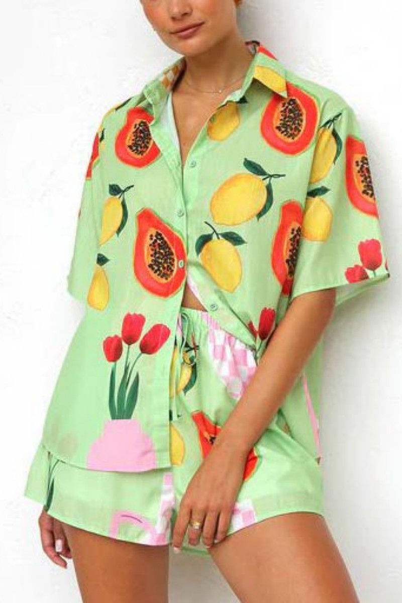 Relaxed Patterned Knit Cardigan Shirt Shorts Set