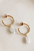 Modern Beaten Metal Pearl Drop Hoops - Gold/Cream