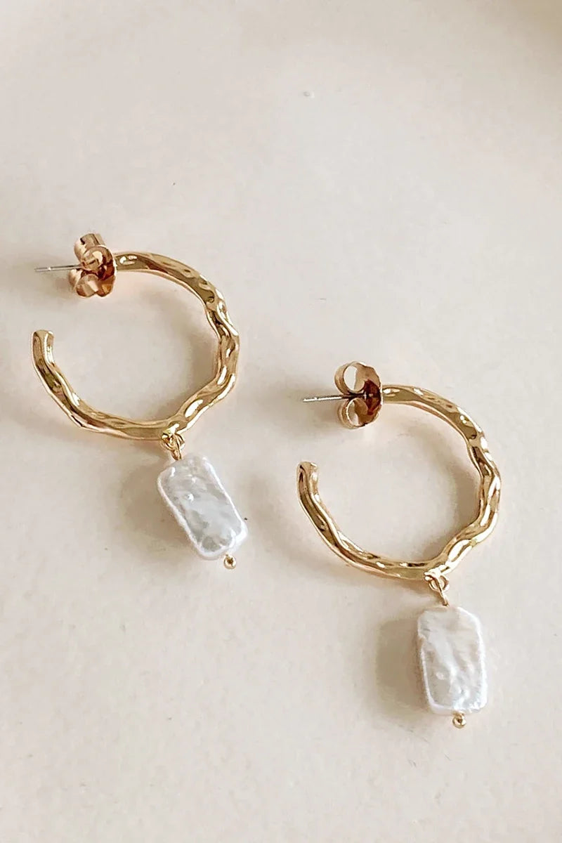 Modern Beaten Metal Pearl Drop Hoops - Gold/Cream