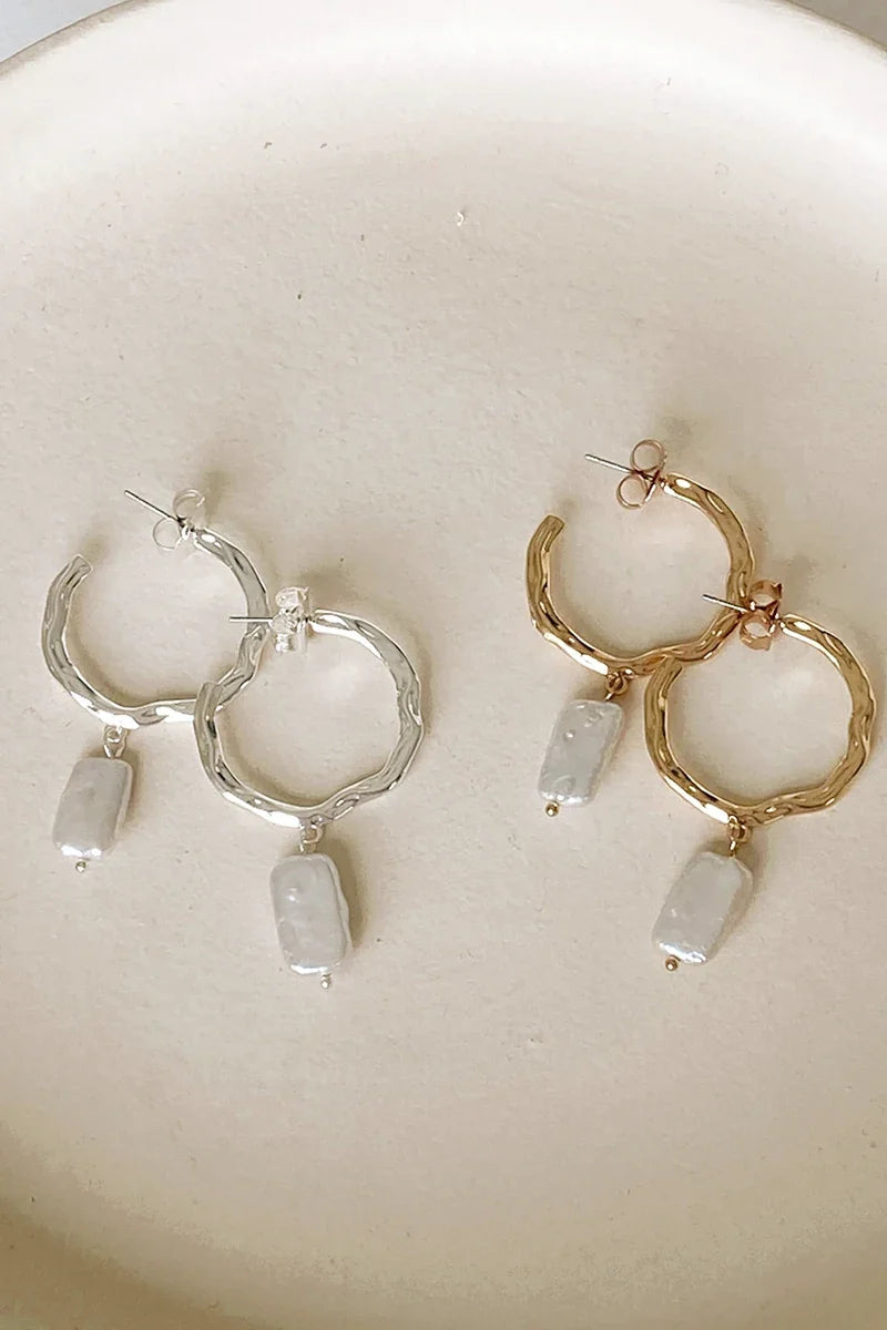 Modern Beaten Metal Pearl Drop Hoops - Gold/Cream