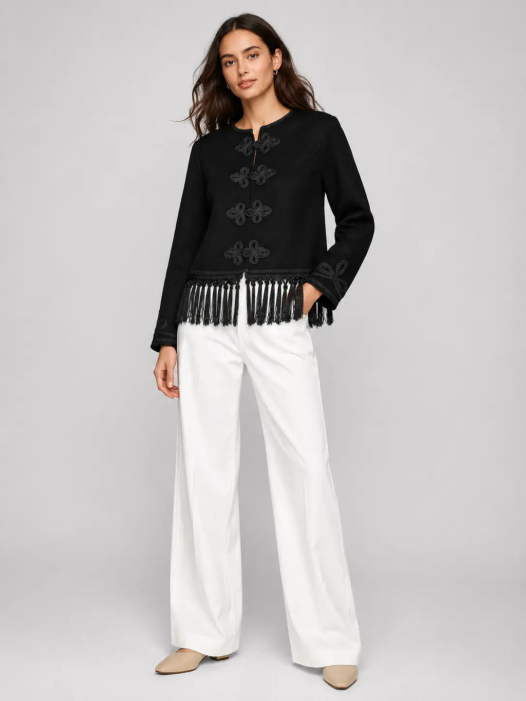 Cropped Blazer with Fringe and Knot Closures