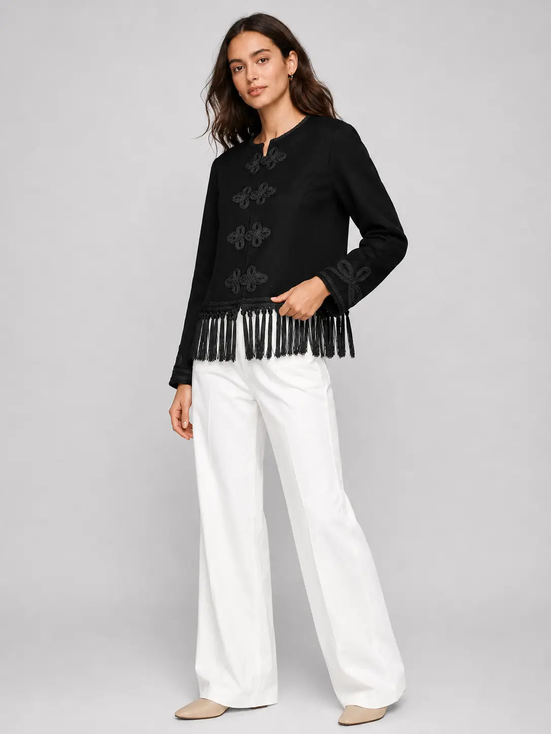 Cropped Blazer with Fringe and Knot Closures